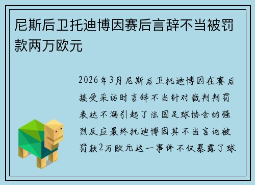 尼斯后卫托迪博因赛后言辞不当被罚款两万欧元